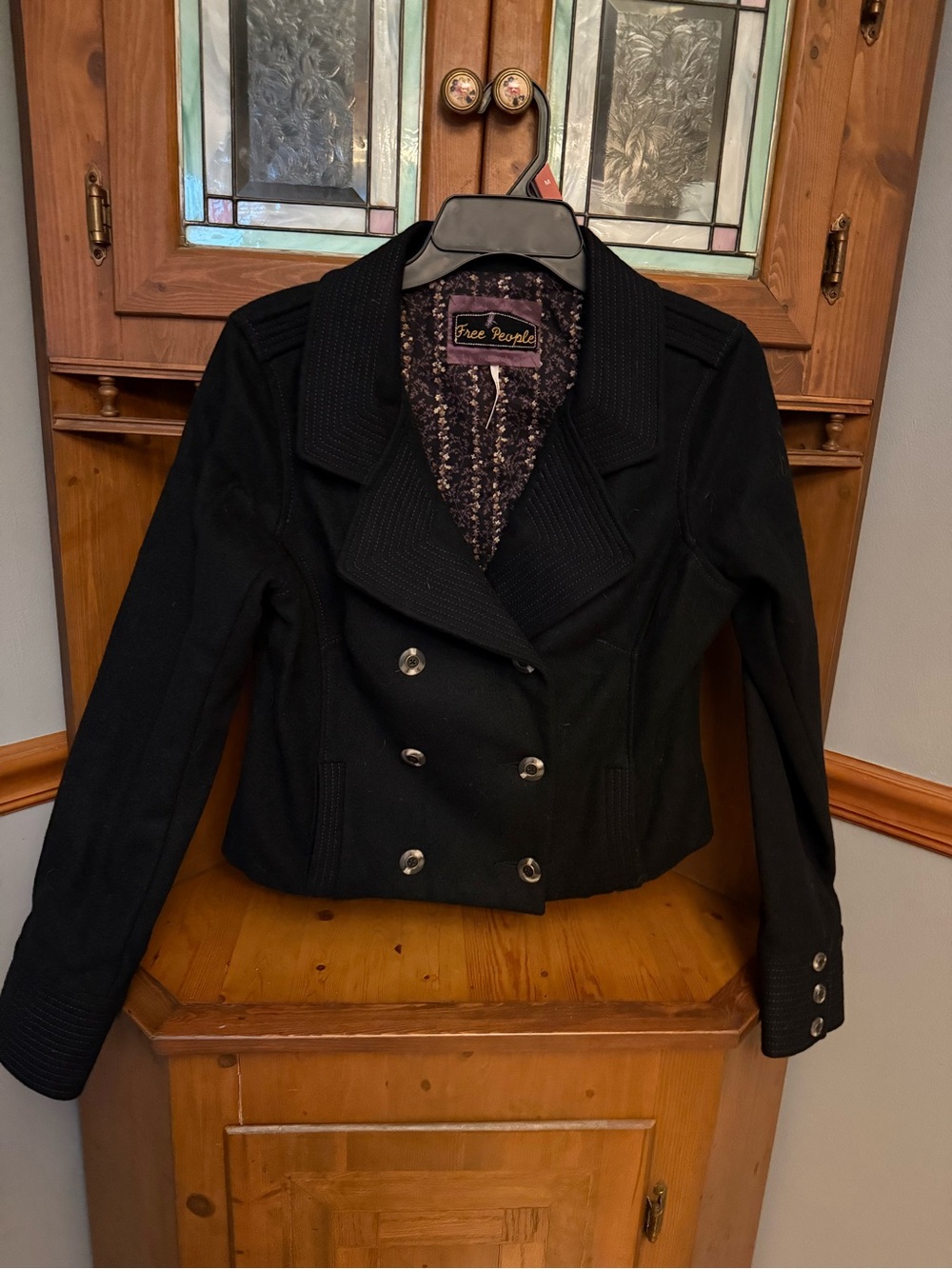 Free People Cropped Black Wool Pea Coat Jacket Double Breasted Size 10